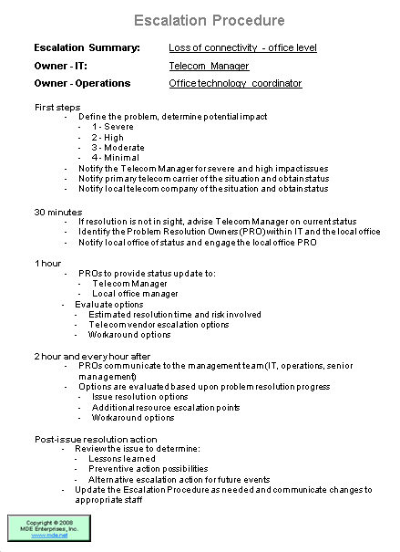 escalation procedure - loss of connectivity